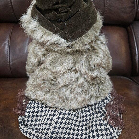 18" Tall Snow Lady Dressed in Brown Fur Coat Brown and Cream Herringbone Dress - Picture 3 of 7